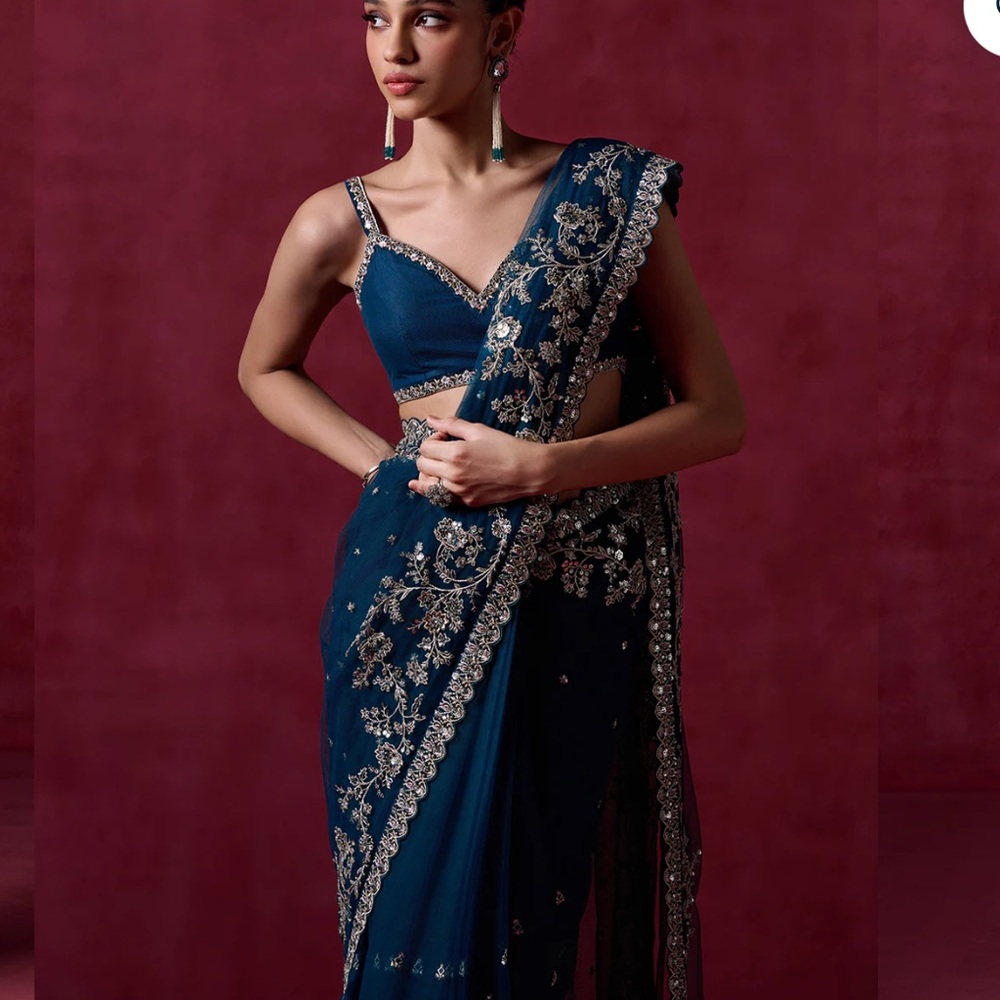 Teal Blue Saree with Embroidery